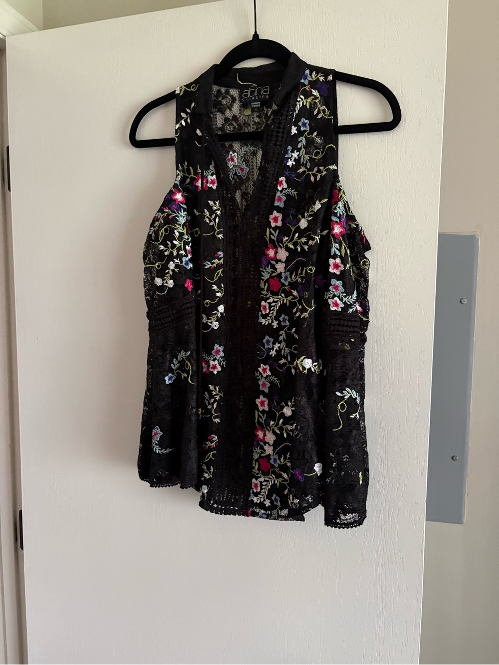 Ina Black Lace Camisole with Multicolor Floral Embroidery